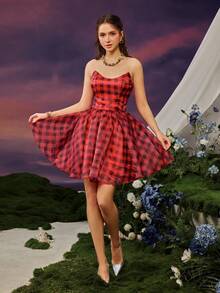 Faeriesty Women's Strapless Plaid Ruffle Asymmetric High-Low Hem Evening Gown & Mini Party Dress, Suitable For Balls, Holidays And Weddings - Red - View 5