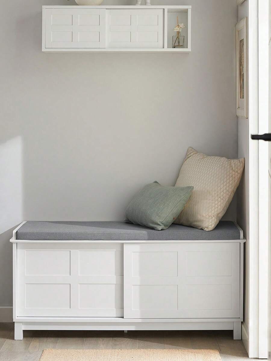 SoBuy FSR86-W, Hallway Storage Bench Shoe Bench Shoe Rack Shoe Cabinet With 2 Sliding Doors And Seat Cushion - White - View 1