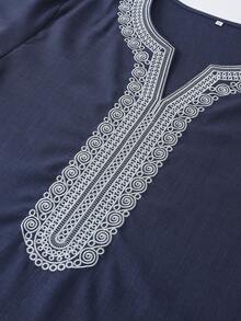 Elegant Moroccan Traditional Style Muslim Men's Kaftan Robe Gandoura Middle Sleeve Thobe For Prayer Traditional Islamic Weddings Wear Festivals Cultrual Clothing North Africa Abaya Traditional Islamic Long Robe - Navy Blue - View 5