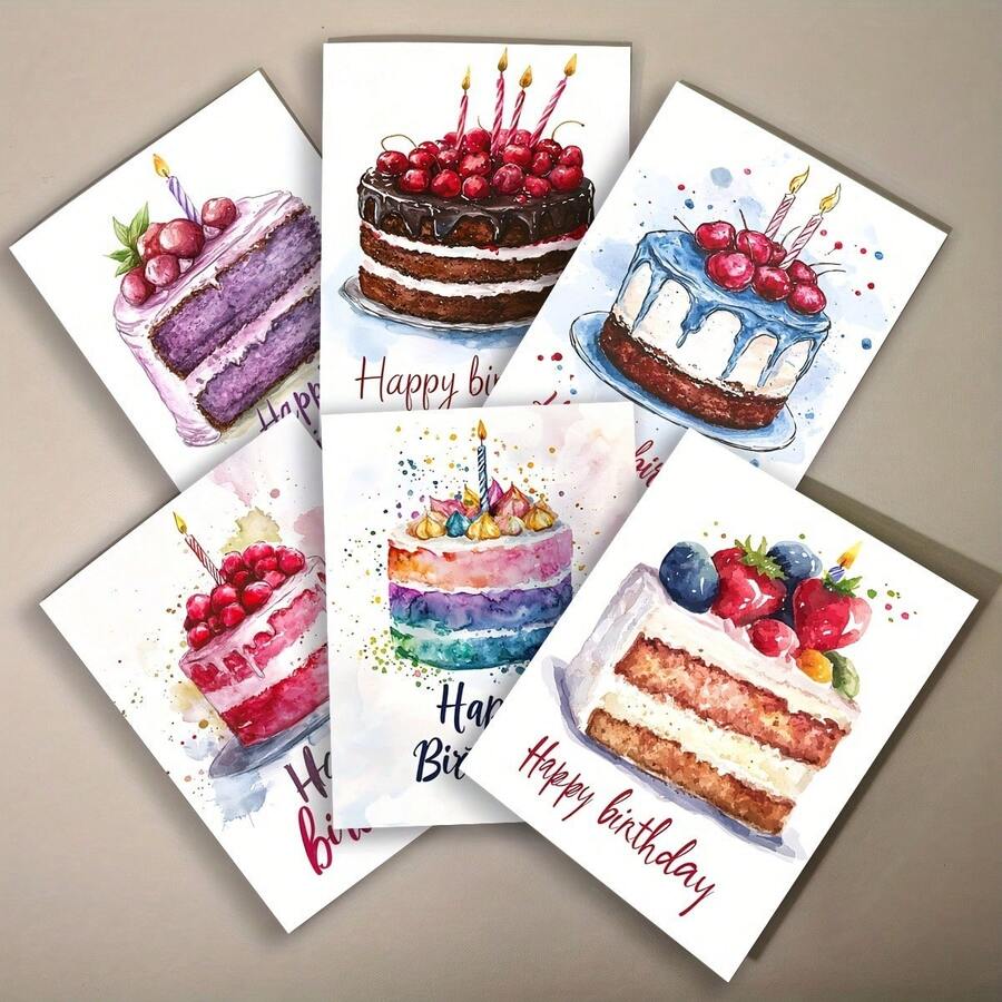 12张水彩生日贺卡套装,含6个信封 | 包括6张气球和蛋糕图案的生日快乐贺卡,适用于任何场合,包括圣诞节、感谢、祝贺和感性主题 - 彩色 - 查看 1