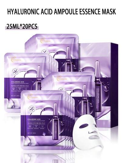10/20 片装透明质酸亮白面膜精华，含透明质酸和烟酰胺，抚平皱纹，收紧毛孔，提亮和滋润肌肤，适合所有肤质，25 毫升/片
