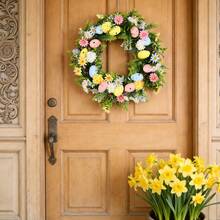 Spring Easter Wreath - Pastel Decorative Wreath With Eggs & Artificial Flowers Wreath For Front Door, Wall & Seasonal Home Farmhouse Decor - Màu vàng - Xem 2