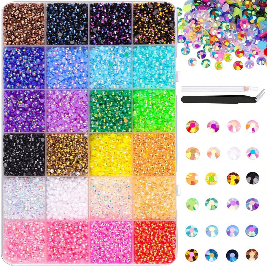 24,000颗非热熔平底树脂水钻,3毫米混色手工装饰宝石,带镊子,适用于DIY服装、杯子装饰 - 多色 - 查看 1