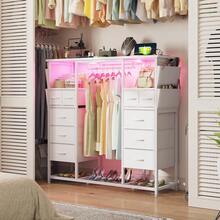 EnHomee Modern 10-Fabric Drawers Dresser With Wooden Top, Hanging Rack, Featuring Built-In LED Lighting And Power Hub Fit Bedroom And Living Room, White - Xem 1