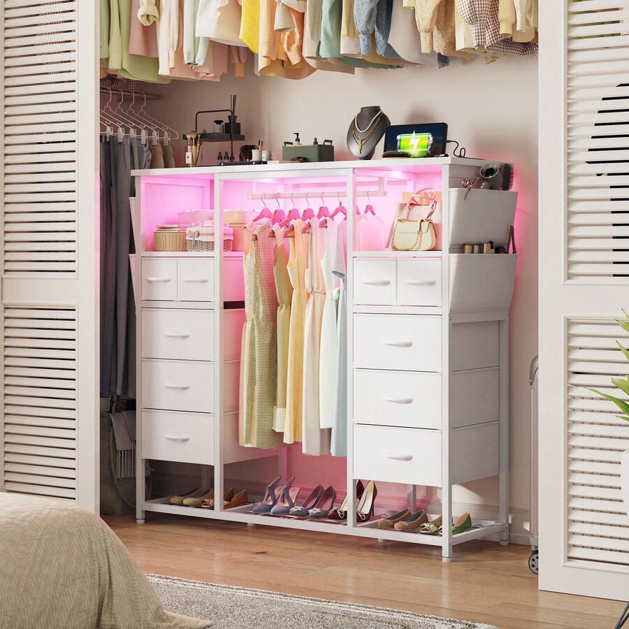 EnHomee Modern 10-Fabric Drawers Dresser With Wooden Top, Hanging Rack, Featuring Built-In LED Lighting And Power Hub Fit Bedroom And Living Room, White - Xem 1