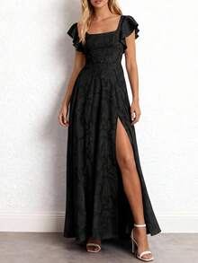 Women's Elegant Lace Floral Slit Cocktail Dress, Summer Formal Long Wedding Guest Bridesmaid Gown - màu đen - Xem 3