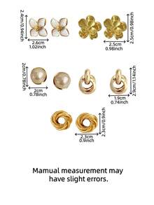 5 Pairs Luxury Fashion Elegant Versatile Geometric Circle Flower Stud Earrings Set, Suitable For Women's Daily And Holiday Wear - Five-piece Set - Style a - View 7