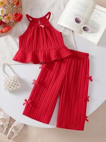 Baby Girls' Solid Color Spaghetti Strap Bowknot Ruffle Hem Top And Straight Leg Pants 2 Piece Outfit, Suitable For Daily Outings In Spring/Summer - Red - View 2