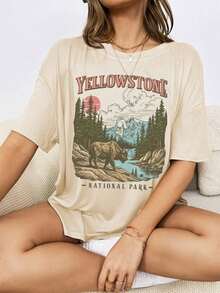 2026 Summer TopsINAWLY Vintage  National Park T-Shirt |   Retro American National Park Tee, Fashion Granola Girl, Oversized Graphic Tops, Gorpcore Boho Forestcore Apparel Graphic Tees Women TopsLoose And Comfortablesummer Shirts - Màu be - Xem 3