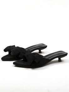 2025 New French Pointed Toe Bow Slides Sandals For Women, Suede Upper, Comfy Low Heel - Black - View 14