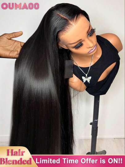 200%高密度顺滑直发 13x4 13x6 5x5 高清蕾丝前假发 真人混纺发 - 预先拔毛 无胶假发 带婴儿发，自然色，无需胶水