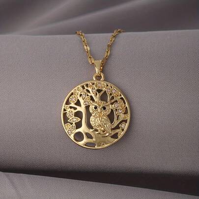 1pc Elegant Owl Tree Of Life Copper Pendant Necklace, Cubic Zirconia, Stainless Steel Chain, Summer Jewelry Gift For Girls And Women