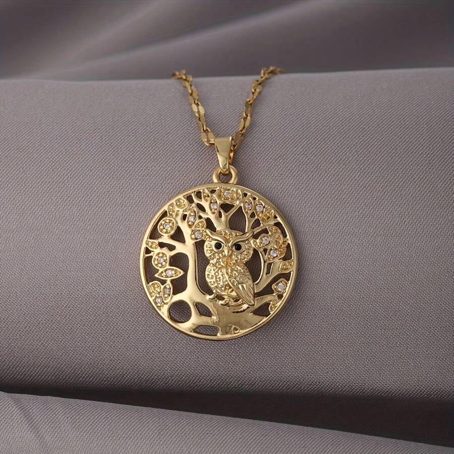 1pc Elegant Owl Tree Of Life Copper Pendant Necklace, Cubic Zirconia, Stainless Steel Chain, Summer Jewelry Gift For Girls And Women - Yellow Gold - View 1