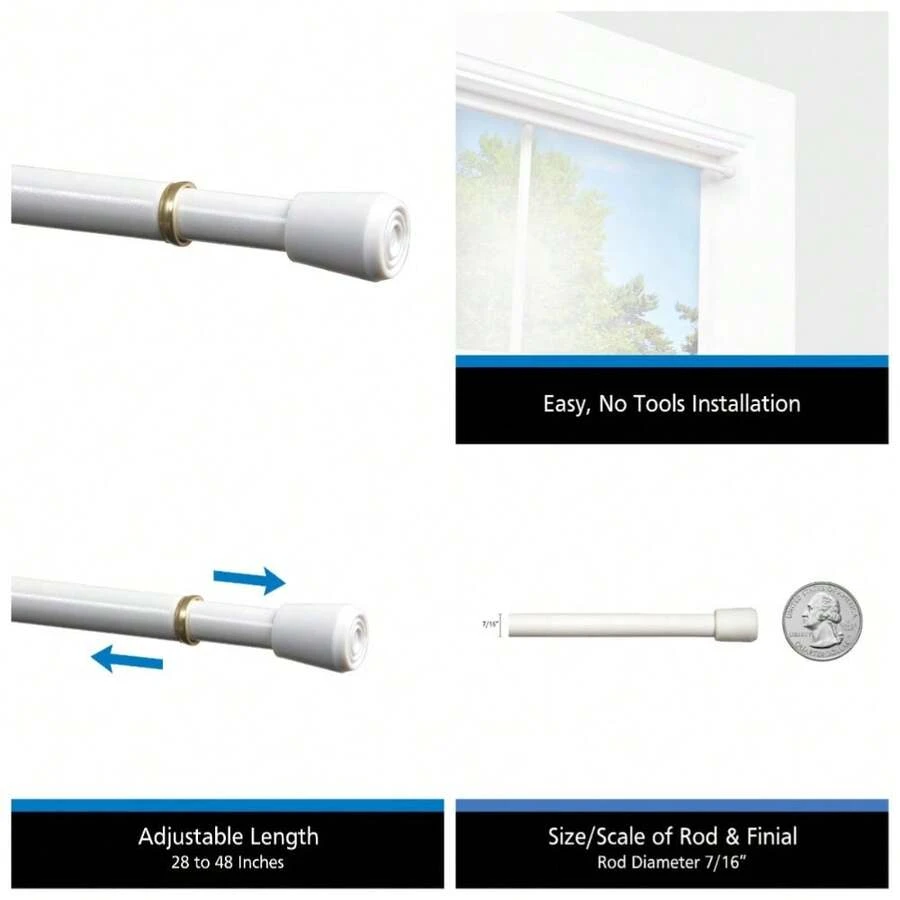 Adjustable Tension Curtain Rod 28 To 48 Inch Spring Loaded Steel Tube 7/16 Inch Diameter White Finish - 1 - View 1