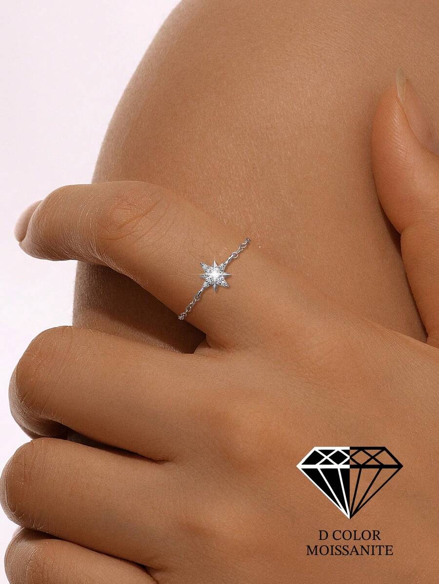 1 chiếc nhẫn đính ước Moissanite dạng dây xích điều chỉnh được, thiết kế hình ngôi sao, bạc sterling 925 thanh lịch, thích hợp làm quà tặng kỷ niệm, sinh nhật, ngày Valentine cho nữ. - Bạc - Xem 1