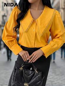 Women's Elegant Peter Pan Collar Long-Sleeved Single-Breasted Casual Shirt, Yellow Shirt - Yellow - View 7