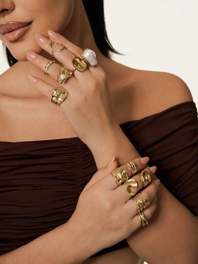 12pcs Set Asymmetrical Shaped Faux Pearl Flower, Geometric, Liquid, Round, Hollow, Multilayer Metal Textured Rings, Oversized, Chunky, Fashionable, Elegant, Vintage, Suitable For Holiday, Party, Date, Gift, Daily Wear