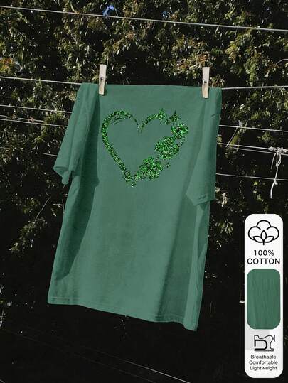St. Patrick's Day Clover Heart Print 100% Cotton Short Sleeve T-Shirt For Women, Back To School Essential, Perfect For First Day Of School Outfit