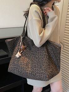 Bolso Tote de Gran Capacidad con Diseño Marrón, Gancho Externo para Taza de Café, Parte Superior con Estampado de Leopardo, Doble Correa para el Hombro y Llavero - Marrón - Ver 8
