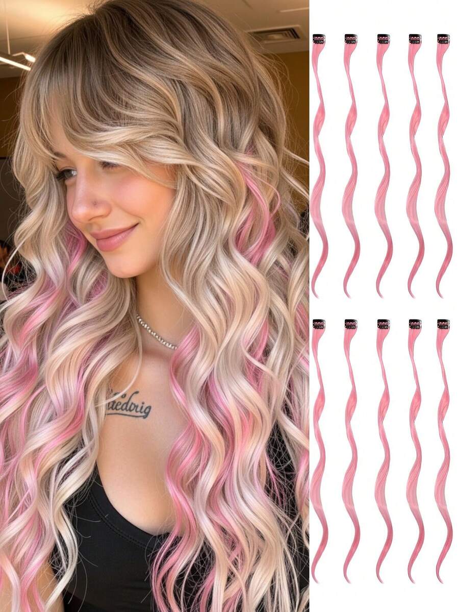 22 Inch 10pcs Synthetic Fiber Wavy Sakura Pink Heat Resistant Clip-In Hair Extensions, Suitable For Daily, Party, Cosplay - Watermelon Pink - View 1