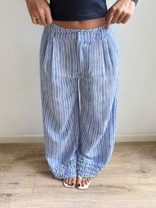 GLOpass Women's Casual Striped Pants, Ruffle Hem Design With Elastic Waist, Straight Leg, Suitable For Daily, Office, Travel - Blue - View 7