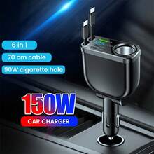 6合1 150W车载点烟器充电器，支持快速充电，配备70厘米可伸缩Type-C转Type-C数据线 - 均碼 - 查看 1