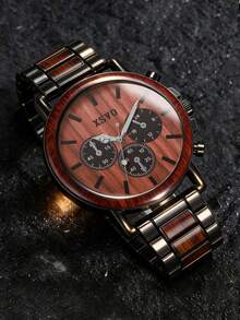 1pc XSVO Wooden Grain Black Steel Waterproof Watch, Vintage Multi-Function Quartz Watch, Commuter Steel Band Watch - one-size - View 7