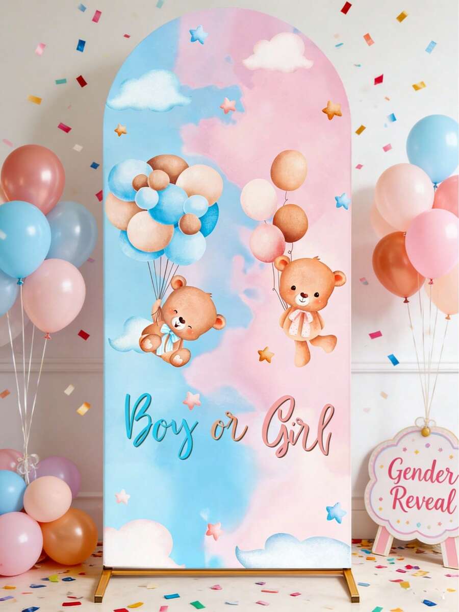 1pc Blue & Pink Bear Gender Reveal Arch Backdrop, Cute Blue & Pink Balloon Bear Pattern Baby Shower Party Arch Backdrop Decor, Gender Reveal Party Arch Expandable Backdrop