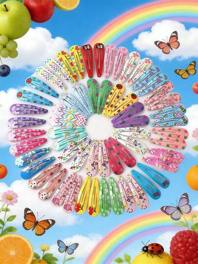 10/20/30/40/50/100/150/200/500/1000个可爱卡通水果动物花朵印花发夹，粉色可爱发饰，新款女童头饰