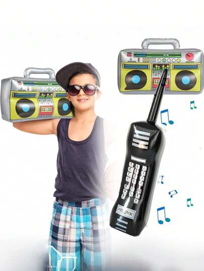 2pcs Inflatable Radio Speaker & Phone Photo Prop - Suitable For Baby Shower Decor, Loved By Boys & Girls, Also Fits 80s 90s Birthday Party Favors, Hip Hop Party Decor, Music Theme Party Decor, Baby Shower Decor