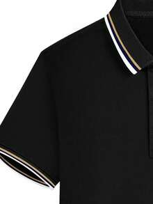 playera tipo polo hombre polo hombre Camisa polo casual de rayas de manga corta para hombre de verano, ideal para desplazamientos - Negro - Ver 3