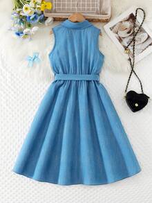 女孩水钻装饰中东风格休闲优雅连衣裙 - 藍色 - 查看 2