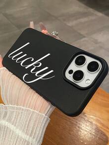 Lucky Letter Print Phone Case, Black Faux Leather Texture Shockproof Case, Scratch-Resistant Anti-Slip Protective Phone Cover, Minimalist Aesthetic Design, Fashionable Phone Case, Everyday Use Phone Case, Compatible With IPhone & Galaxy - Black - View 9