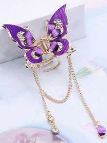1pc Rhinestone Hollow Butterfly Rhinestone Tassel Hair Claw - Multicolor - View 1