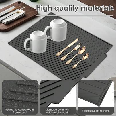 1pc Silicone Slanted Drain Mat, Heat Resistant Dish Drying Mat, Kitchen Sink Strainer, Fruit & Vegetable Drying Pad, Multifunctional Countertop Mat, Non-Slip Trivet For Bowls, Cups & Cutting Boards