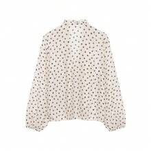 Spring Summer Women Polka Dot Ruffled V Neck Blouse Long Sleeve Buttons Shirts Elegant Lady Chic Thin Shirt Tops Vacation - 白色 - 查看 6