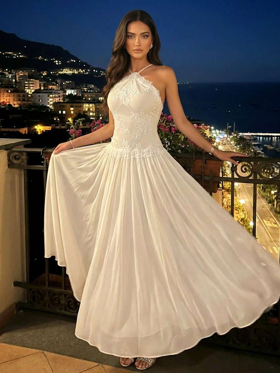 Đầm maxi ren trắng thanh lịch dành cho nữ, đầm dạ hội lãng mạn. - Màu be - Xem 1