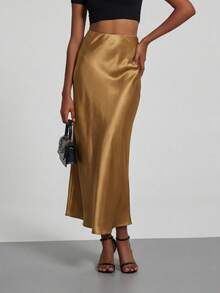 YROOE 女士时尚休闲简约优雅弹力缎面感缎面半身裙 - 駝色 - 查看 4