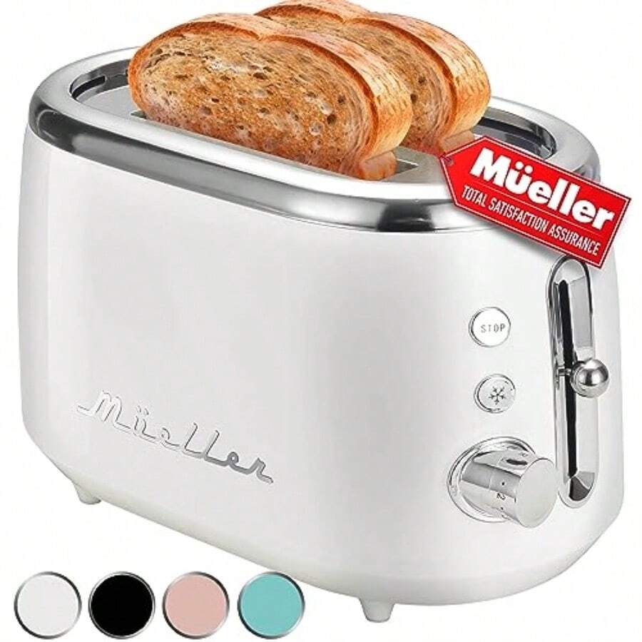 MUELLER HOME Tostadora Retro de 2 Rebanadas 7 Niveles de Tostado 3 Funciones Recalentar Descongelar Cancelar Características de Acero Inoxidable Bandeja Removible para Migas Almacenamiento - Blanco - Ver 1