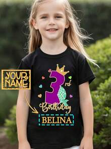 Gokntee 生日数字皇冠定制姓名印花女童 T 恤，女童青少年运动上衣短袖，快速发货，黑色 - 黑色 - 查看 1
