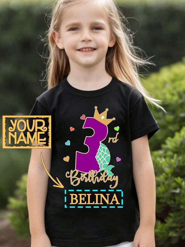 Gokntee Camiseta con corona de número de cumpleaños y nombre personalizado para niña, tops deportivos de manga corta para niñas preadolescentes, entrega rápida, negro