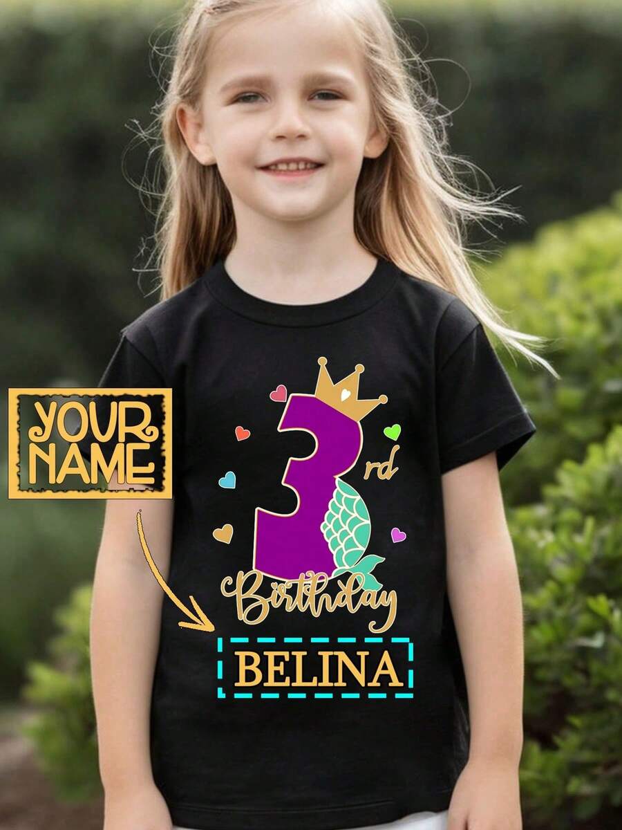 Gokntee 生日数字皇冠定制姓名印花女童 T 恤，女童青少年运动上衣短袖，快速发货，黑色 - 黑色 - 查看 1
