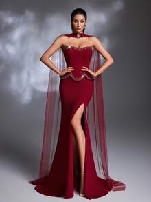 A Wine Red Rhinestone-Embellished One-Shoulder Peplum Tulle Shawl High-Slit Lace-Up Mermaid Train Luxury Evening Gown - Burgundy - View 4