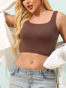 Áo tank top ngắn tay cổ vuông, dây bản rộng, chất liệu gân, ôm sát, hở eo, thích hợp cho hoạt động thể thao, trang phục mùa hè cho nữ, áo lót đa năng cho tập luyện. - Cà phê nâu - Xem 1
