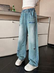 女童刺绣蝴蝶结铆钉牛仔裤 - 藍色 - 查看 5