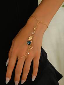 1件新款创意海滩度假简约优雅海星贝壳指链手链，适合春夏佩戴 - 金黃色 - 查看 1