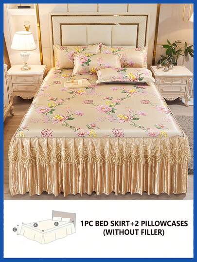 3pcs Soft & Breathable Floral Printed Bed Skirt Set (1 Bed Skirt + 2 Pillowcases), Moisture-Wicking, Wrinkle-Resistant, All Season, Elegant Printing, Suitable For Bedroom And Hotel, Simple & Economic Bedding