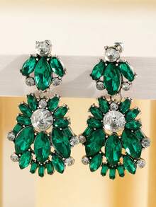 1 Pair Elegant Luxury Fully Rhinestoned Green Glass Drop Earrings, Fashionable High-End, Suitable For Women's Daily And Holiday Wear - Diamond Earrings - View 1