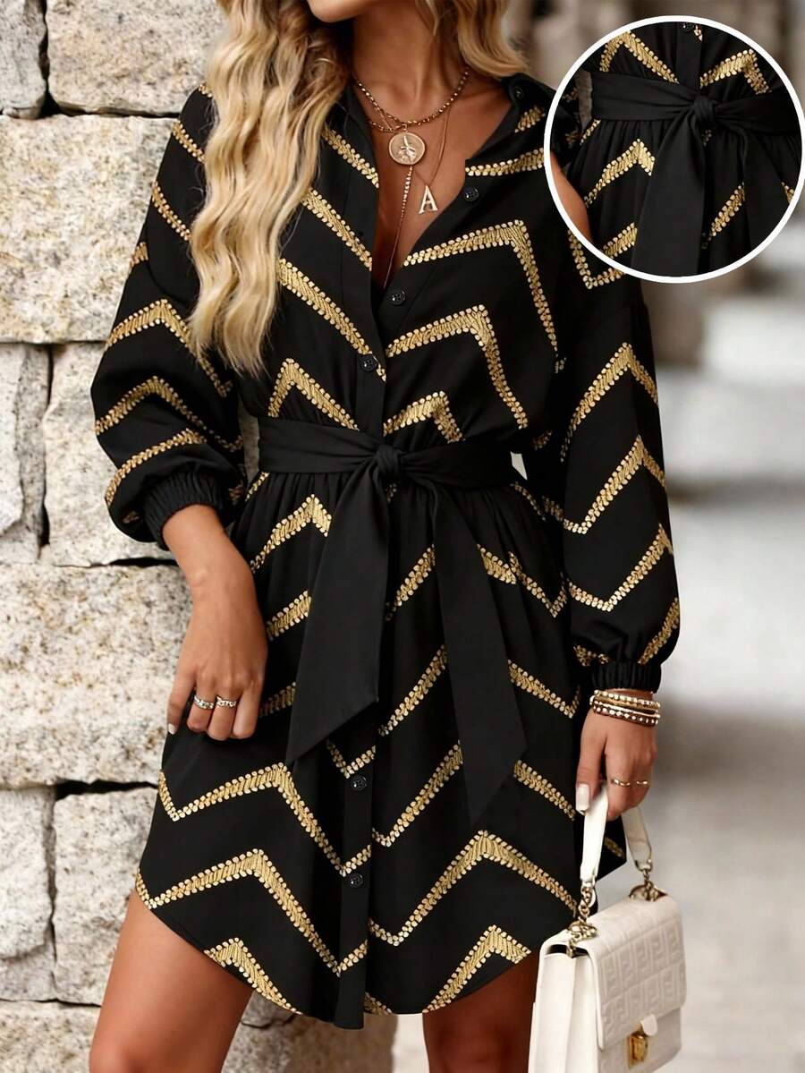 Colorblock Cut & Sew Casual Belted Button Button Front Daily - Đen và vàng - Xem 1