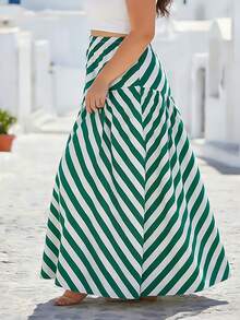 Falda larga elegante y de talla grande con rayas, falda de línea A verde y blanca para el estilo de falda de verano, tela tejida para un aspecto fluido de primavera - Verde - Ver 2